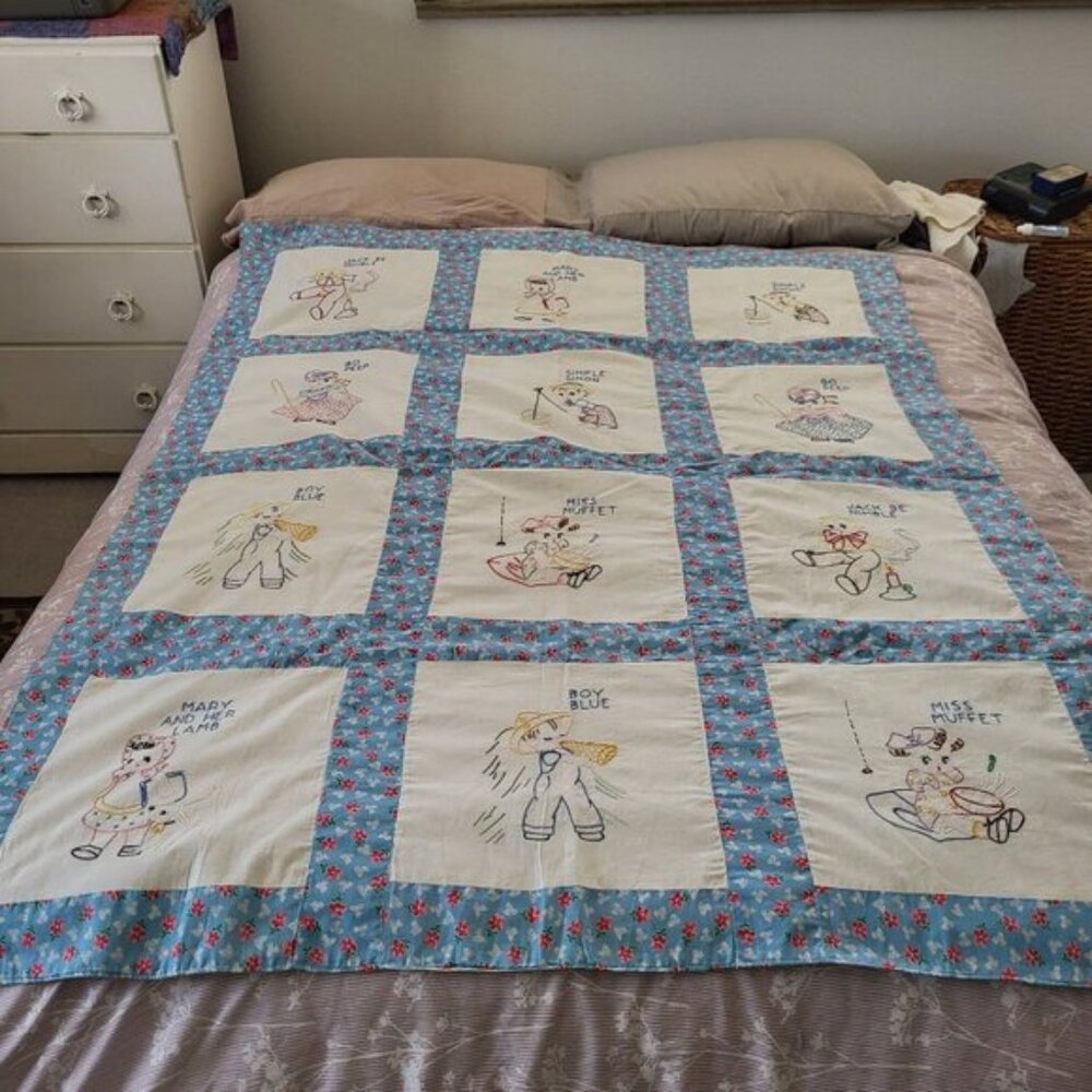 Antique Nursery-Rhyme Embroidered Quilt